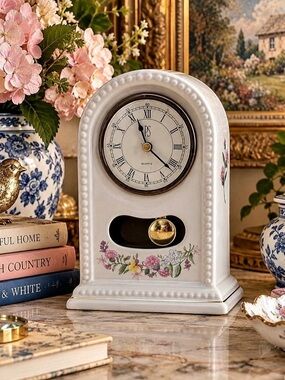 Vintage 1994 PS Limited Edition Floral Porcelain Quartz Mantel Clock White